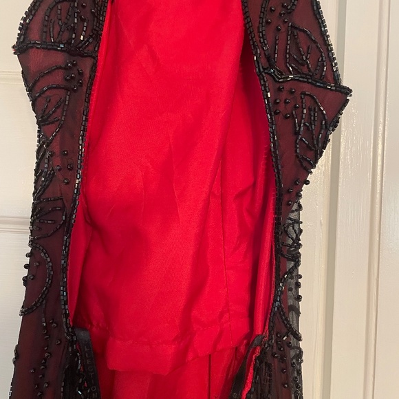 Luxury FLEUR de LEI RED SILK WITH BLACK BEADING BACK CUTOUT SLIT IN BACK - Picture 7 of 14